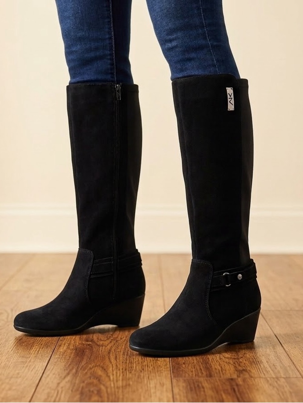 Anne Klein Black Suede Knee-High Wedge Boots